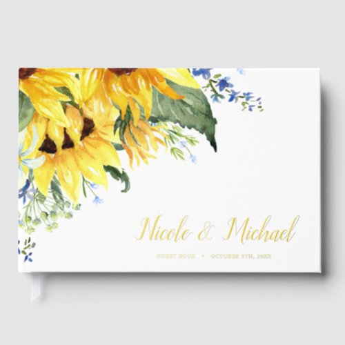 Elegant Watercolor Sunflowers Wedding Gold Foil Foil Guest Book