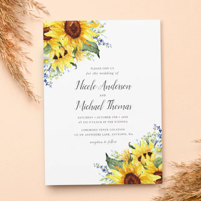 Elegant Watercolor Sunflowers Wedding Invitation | Zazzle