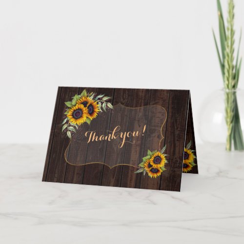 Elegant Watercolor Sunflowers Wood Wedding Thank Y Thank You Card