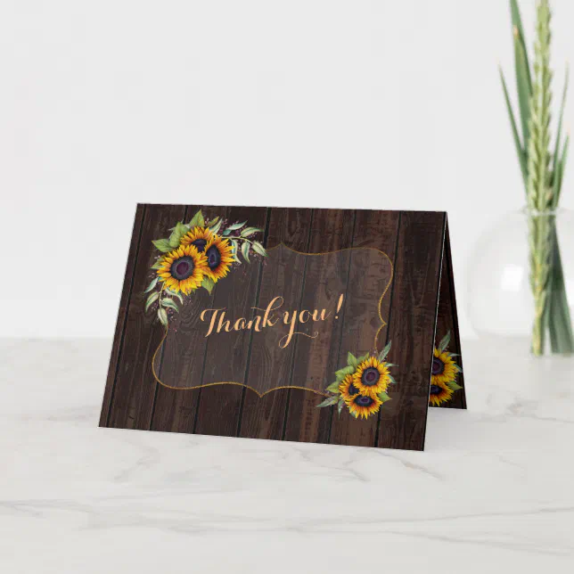 Elegant Watercolor Sunflowers Wood Wedding Thank Y Thank You Card | Zazzle