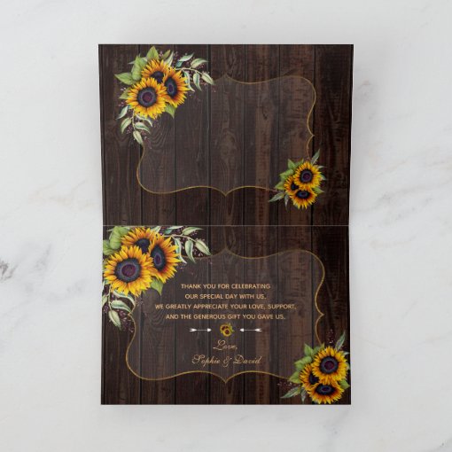 Elegant Watercolor Sunflowers Wood Wedding Thank You Card | Zazzle