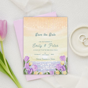 Elegant Watercolor Sunset & Floral Coastal Wedding Announcement Postcard