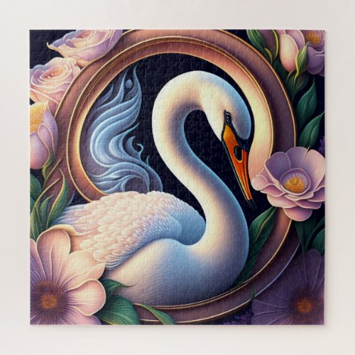 Elegant Watercolor Swan in Oriental Flower  Jigsaw Puzzle