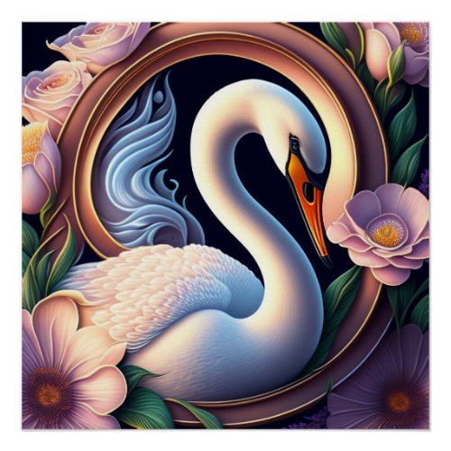 Elegant Watercolor Swan in Oriental Flower  Poster