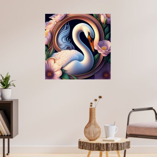 Elegant Watercolor Swan in Oriental Flower  Poster