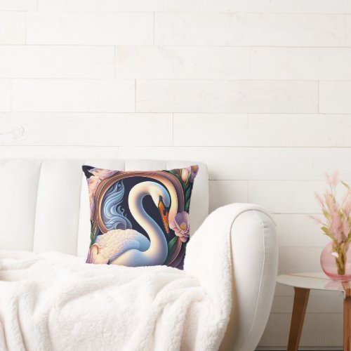 Elegant Watercolor Swan in Oriental Flower  Throw Pillow