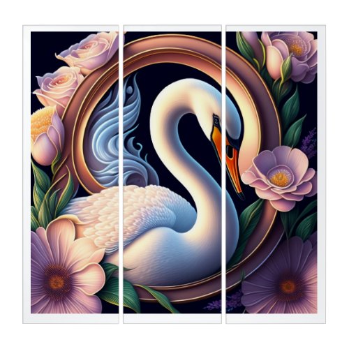 Elegant Watercolor Swan in Oriental Flower Triptych