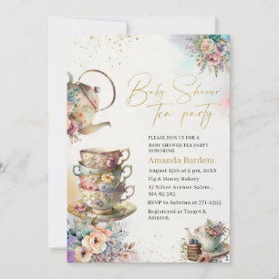Elegant watercolor tea party girl pink gold baby s invitation