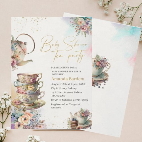 Elegant watercolor tea party girl pink gold baby s invitation