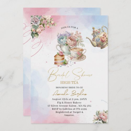 Elegant watercolor tea party girl pink gold bridal invitation