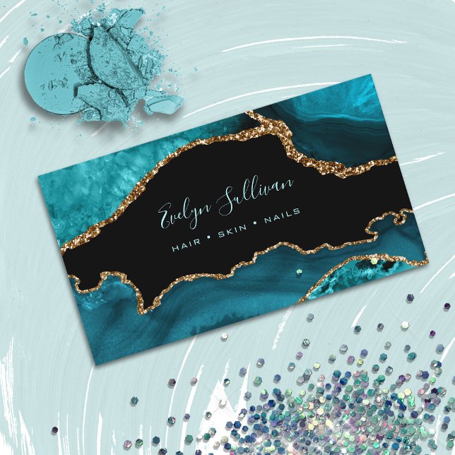 elegant watercolor teal agate on black business card (Creator Uploaded)