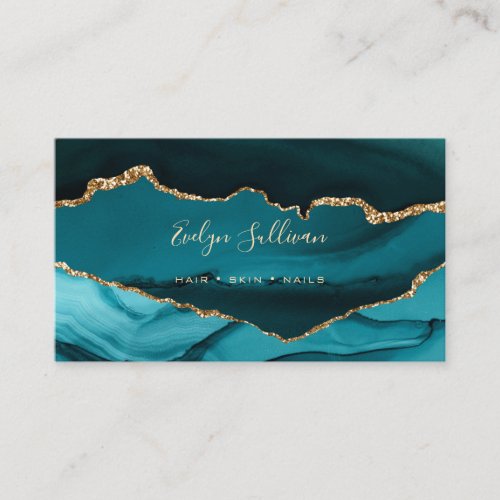 elegant watercolor teal and gold agate business card