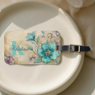 Elegant Watercolor Teal Bloom with Golden Swirls Luggage Tag