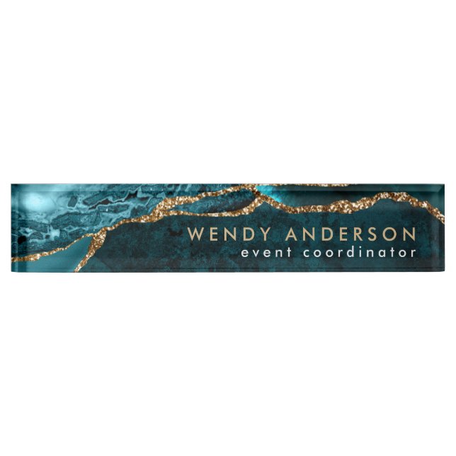 Elegant Watercolor Teal Gold Glitter Agate Desk Name Plate (Front)