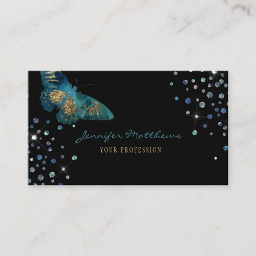 Elegant Watercolor Teal  Gold Glitter Butterfly Business Card