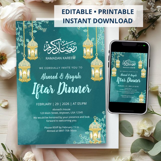 Elegant Watercolor Teal Iftar Invitation (Creator Uploaded)