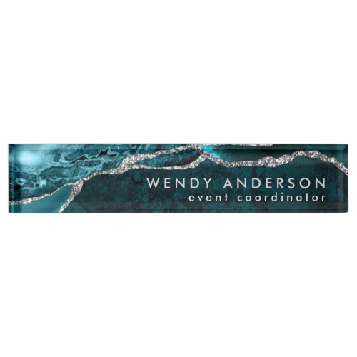 Elegant Watercolor Teal Silver Glitter Agate Desk Name Plate