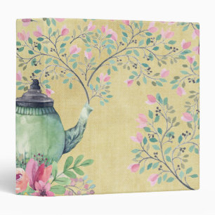 Elegant Watercolor Teapot and Flowers Gold 3 Ring Binder