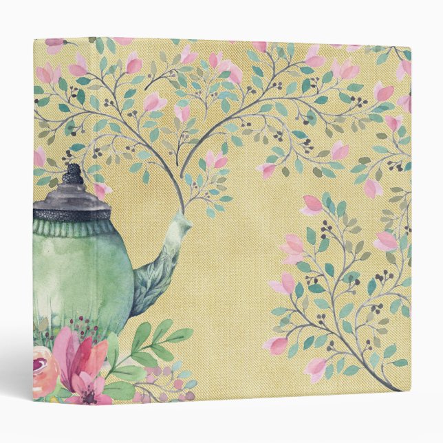 Elegant Watercolor Teapot and Flowers Gold 3 Ring Binder (Front/Spine)