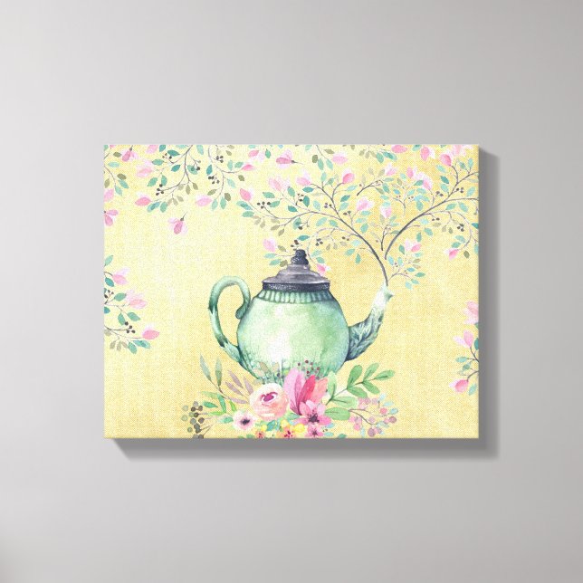Elegant Watercolor Teapot and Flowers Gold Canvas Print (Front)