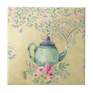 Elegant Watercolor Teapot and Flowers Gold Ceramic Tile