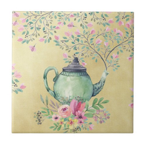 Elegant Watercolor Teapot and Flowers Gold Ceramic Tile