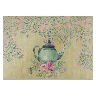 Elegant Watercolor Teapot and Flowers Gold Cutting Board