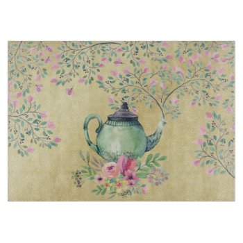 Elegant Watercolor Teapot And Flowers Gold Cutting Board by GiftsGaloreStore at Zazzle