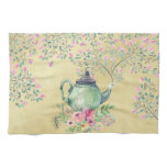 Elegant Watercolor Teapot and Flowers Gold Kitchen Towel