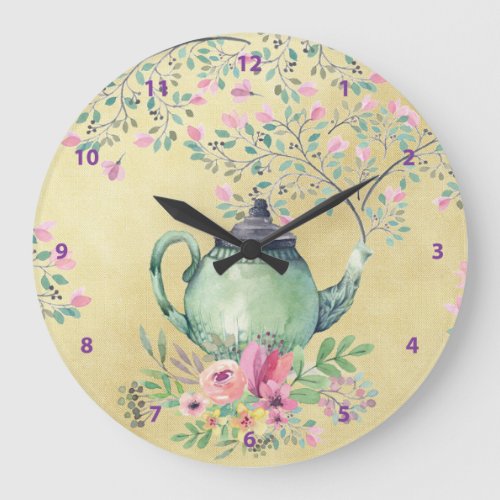Elegant Watercolor Teapot and Flowers Gold Large Clock
