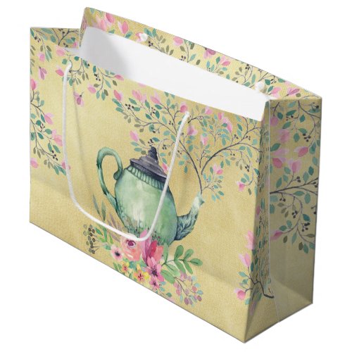 Elegant Watercolor Teapot and Flowers Gold Large Gift Bag