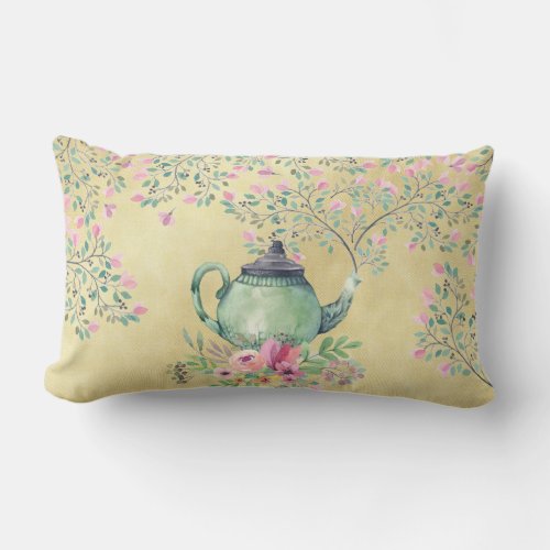 Elegant Watercolor Teapot and Flowers Gold Lumbar Pillow