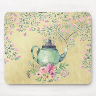 Elegant Watercolor Teapot and Flowers Gold Mouse Pad
