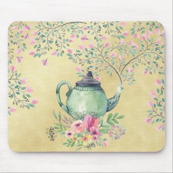 Elegant Watercolor Teapot And Flowers Gold Mouse Pad by GiftsGaloreStore at Zazzle
