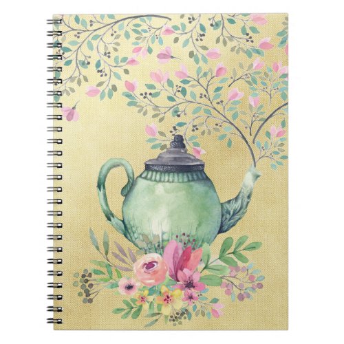 Elegant Watercolor Teapot and Flowers Gold Notebook