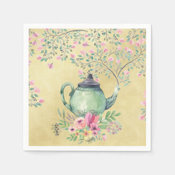 Elegant Watercolor Teapot And Flowers Gold Paper Napkins by GiftsGaloreStore at Zazzle