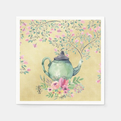 Elegant Watercolor Teapot and Flowers Gold Paper Napkins