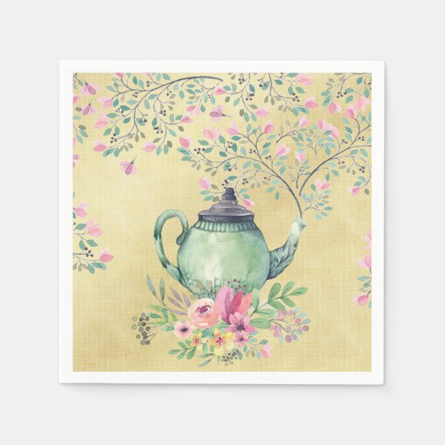Elegant Watercolor Teapot and Flowers Gold Paper Napkins (Front)