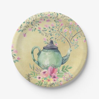 Elegant Watercolor Teapot And Flowers Gold Paper Plates by GiftsGaloreStore at Zazzle