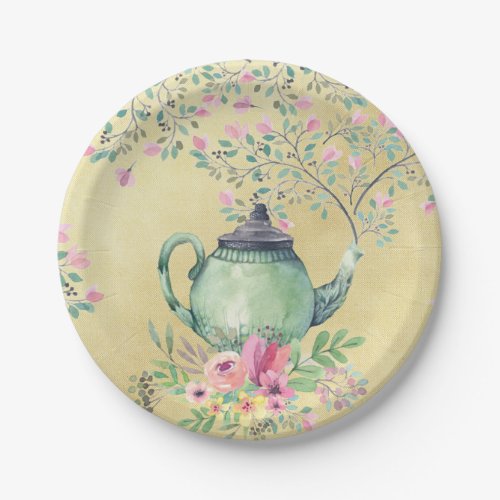 Elegant Watercolor Teapot and Flowers Gold Paper Plates