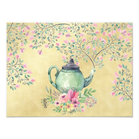 Elegant Watercolor Teapot And Flowers Gold Photo Print
