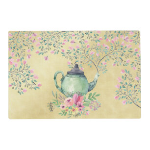 Elegant Watercolor Teapot and Flowers Gold Placemat