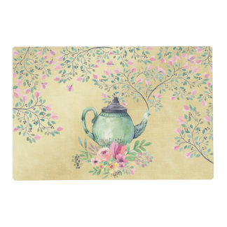 Elegant Watercolor Teapot and Flowers Gold Placemat