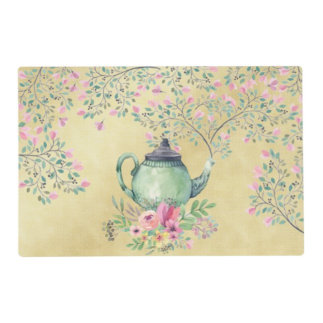 Elegant Watercolor Teapot and Flowers Gold Placemat (Front)