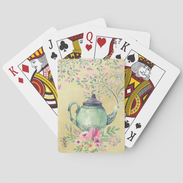 Elegant Watercolor Teapot and Flowers Gold Poker Cards (Back)