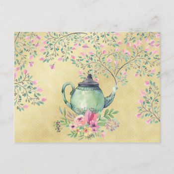 Elegant Watercolor Teapot And Flowers Gold Postcard by GiftsGaloreStore at Zazzle
