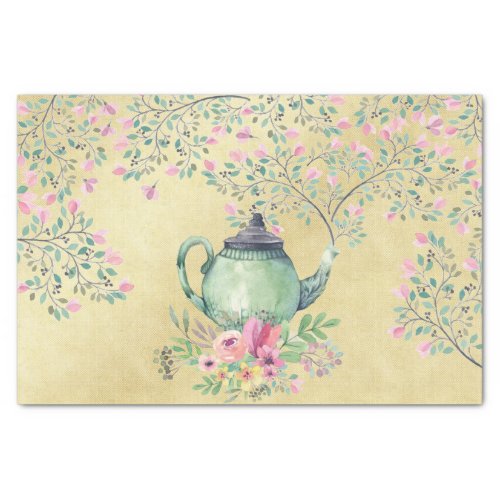 Elegant Watercolor Teapot and Flowers Gold Tissue Paper