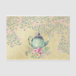 Elegant Watercolor Teapot and Flowers Gold Tissue Paper
