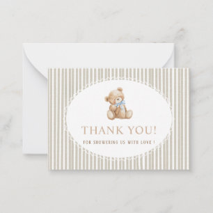 Elegant Watercolor teddy bear bow blue Baby shower Note Card