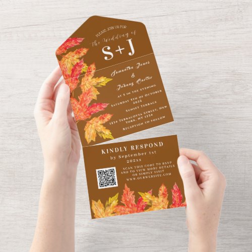 Elegant Watercolor Terracotta Leaves Wedding RSVP All In One Invitation